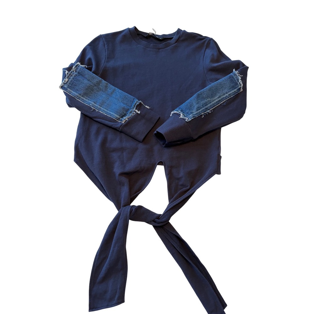 TOV Los Angeles Navy Blue Denim Patchwork Tie Front Sweatshirt TOP262 Size 38